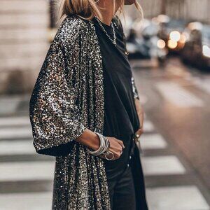 Black Casual Women's Sequin Patchwork Batwing Sleeves Versatile Long Coat